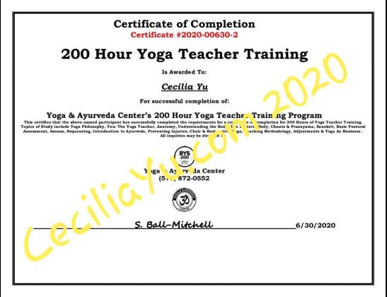 200YTT Cecilia Yu Certificate